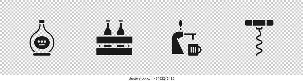 Set Bottle of cognac or brandy, Pack beer bottles, Beer tap with glass and Wine corkscrew icon. Vector