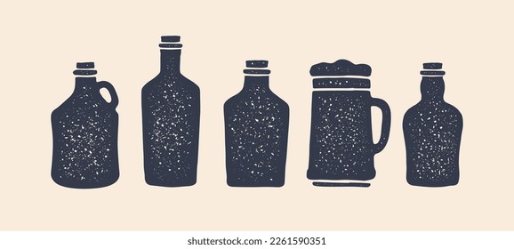 Set of bottle. Collection bottles for vodka, gin, bourbon, silhouette glass wine, beer, whiskey and liquor, brandy, rum, different types bottle. Graphic design print for bar, pub. Vector Illustration