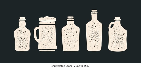 Set of bottle. Collection bottles for vodka, gin, bourbon, silhouette glass wine, beer, whiskey and liquor, brandy, rum, different types bottle. Graphic design print for bar, pub. Vector Illustration