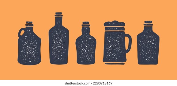 Set of bottle. Collection bottles for vodka, gin, bourbon, silhouette glass wine, beer, whiskey and liquor, brandy, rum, different types bottle. Graphic design print for bar, pub. Vector Illustration