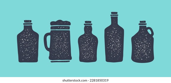 Set of bottle. Collection bottles for vodka, gin, bourbon, silhouette glass wine, beer, whiskey and liquor, brandy, rum, different types bottle. Graphic design print for bar, pub. Vector Illustration