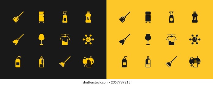 Set Bottle for detergent, Drying clothes, Rubber plunger, Wine glass, Cleaning spray with, Dustpan and Refrigerator icon. Vector