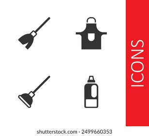 Set Bottle for detergent, Handle broom, Rubber plunger and Kitchen apron icon. Vector