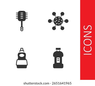 Set Bottle for detergent, Toilet brush, Dishwashing liquid bottle and Bacteria icon. Vector