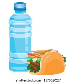 set of bottle with drink and tacos, isolated object on a white background, vector illustration