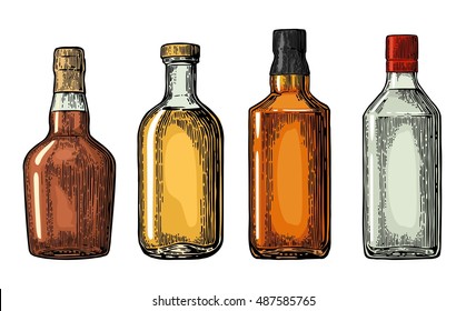 Set Bottle For Gin, Rum, Whiskey, Tequila. Vector Engraved Illustration Isolated On White Vintage Background.