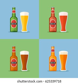 Set aus Flasche und Glas mit flachen Biersymbolen. Vektorgrafik.