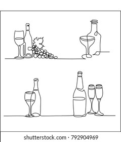 Set bottle and glass isolated on white background. Continuous line drawing. Vector illustration
