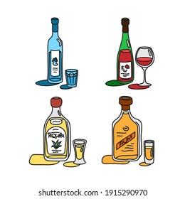 Set bottle and glass in row. Freehand doodle style on white background. Colored cartoon sketch. Hand drawn image. Vodka red wine tequila rum. Vector.
