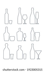 Set bottle and glassware alcoholic drinks. Simple black line shapes isolated. Illustration on white background. Flat style. Beer champagne red wine whiskey liquor vodka martini rum tequila. Vector.
