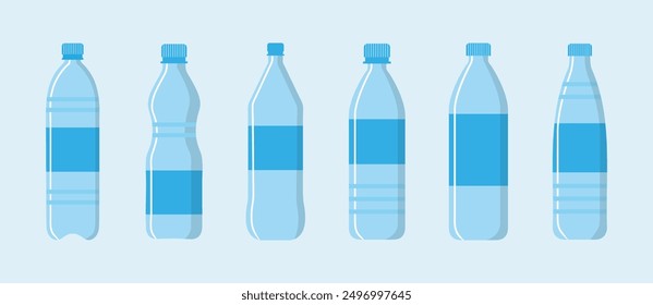 Conjunto de icono de botella de color azul. Botella de icono de agua en estilo plano. Ilustración vectorial. Colección de botella de plástico. Conjunto de iconos de botellas de plástico con diferentes estilos.