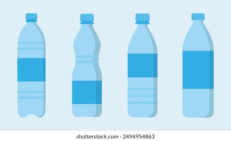 Satz des Flaschensymbols. Wasserflasche Symbol im flachen Stil. Vektorgrafik. Plastikflaschensammlung. Plastikflaschen-Icon-Set mit unterschiedlichem Stil.