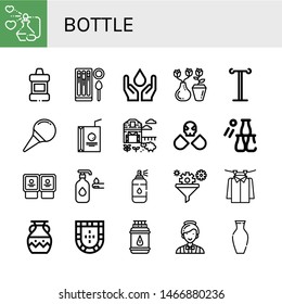Set of bottle icons such as Perfume, Mouthwash, Churros, Water, Vase, Iv pole, Nasal aspirator, Juice box, Sheep farm, Drugs, Bottle throw, Yogurt, Lotion, Spray, Filter , bottle