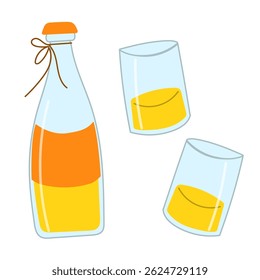 Set with bottle of juice and two glasses. Retro bottle with summer drink.
