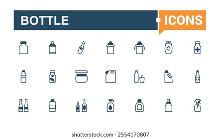 Set of Bottle line icons. Includes thin line alcohol, beverage, liquid, soda, collection and more. Outline icons pack. Vector illustration in modern line style.