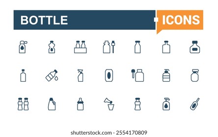 Set of Bottle line icons. Includes thin line alcohol, beverage, liquid, soda, collection and more. Outline icons pack. Vector illustration in modern line style.