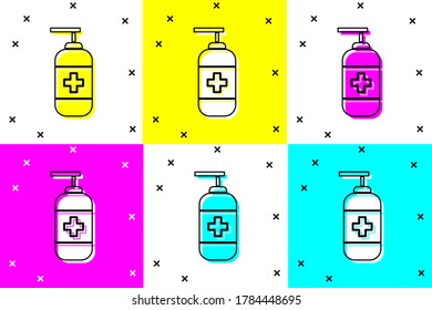 Set Bottle of liquid antibacterial soap with dispenser icon isolated on color background. Antiseptic. Disinfection, hygiene, skin care.  Vector Illustration