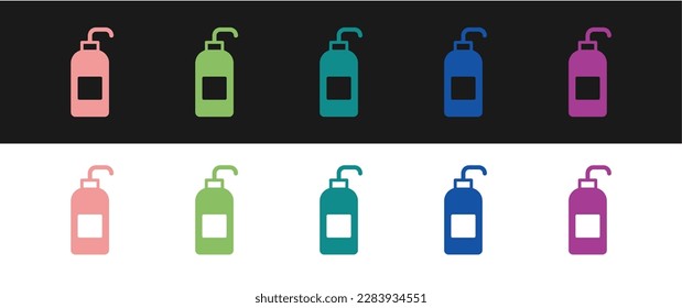 Set Bottle of liquid antibacterial soap with dispenser icon isolated on black and white background. Antiseptic. Disinfection, hygiene, skin care.  Vector