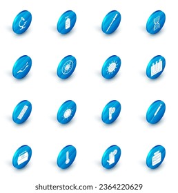 Set Botella de jabón antibacteriano líquido, Pipeta, símbolo del ADN, enfermedad del virus del ébola, Pills en blister pack, Stop, análisis de sangre e icono del virus. Vector
