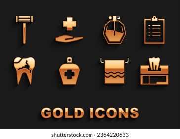Set Bottle of liquid antibacterial soap, Clipboard with checklist, Wet wipe pack, Towel on hanger, Broken tooth, Perfume, Shaving razor and Cross hospital medical icon. Vector