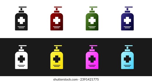 Set Bottle of liquid antibacterial soap with dispenser icon isolated on black and white background. Antiseptic. Disinfection, hygiene, skin care.  Vector