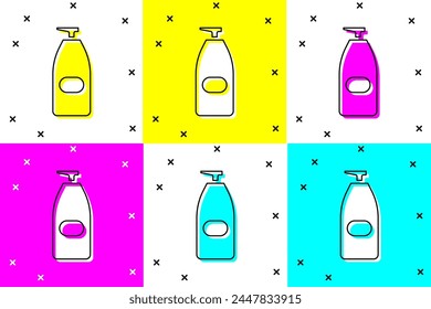 Set Bottle of liquid antibacterial soap with dispenser icon isolated on color background. Antiseptic. Disinfection, hygiene, skin care.  Vector Illustration
