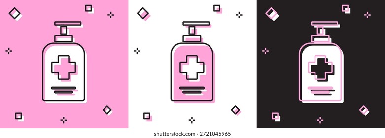 Conjunto de botella de jabón antibacteriano líquido con icono dispensador aislado en rosa y blanco, fondo negro. Antiséptico. Desinfección, higiene, cuidado de la piel.  Vector