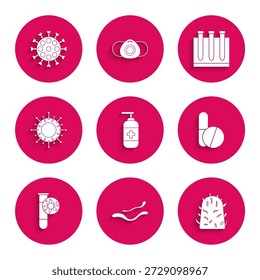 Conjunto de botella de jabón antibacteriano líquido, enfermedad por el virus del Ébola, rabia, medicina, píldora o tableta, tubo de ensayo con, virus, prueba de sangre e icono. Vector