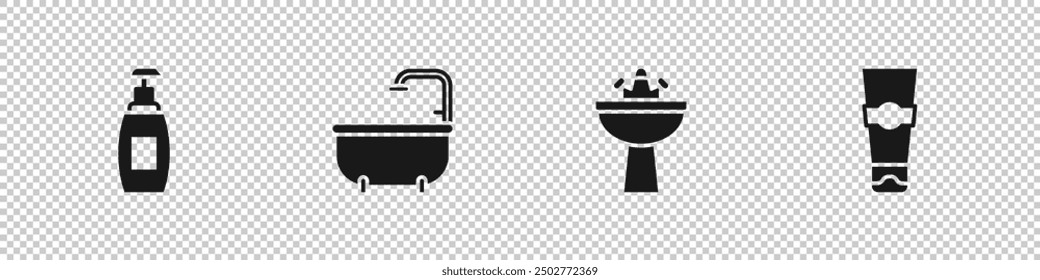 Set Bottle of liquid soap, Bathtub, Washbasin with water tap and Tube toothpaste icon. Vector