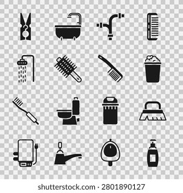 Set Bottle of liquid soap, Brush for cleaning, Bucket with suds, Industry metallic pipe, Hairbrush, Shower, Clothes pin and  icon. Vector