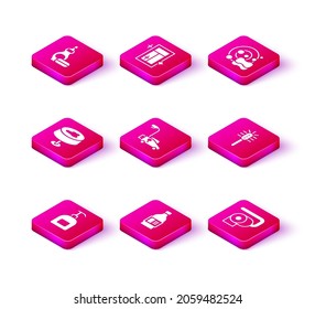 Set Bottle of liquid soap, for cleaning agent, Stain on the tablecloth, Lawn mower, Toilet paper roll, brush, Washing dishes and Cleaning service window icon. Vector