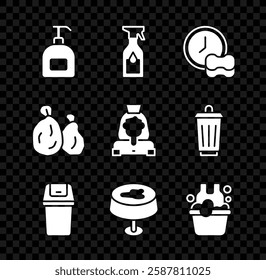 Set Bottle of liquid soap, Cleaning spray bottle, Washing dishes, Trash can, Stain on the tablecloth, Basin with suds, Garbage bag and lady service icon. Vector