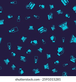 Set Bottle of liquid soap, Eye shadow palette with brush, Cream or lotion cosmetic tube and Shaving foam hand on seamless pattern. Vector