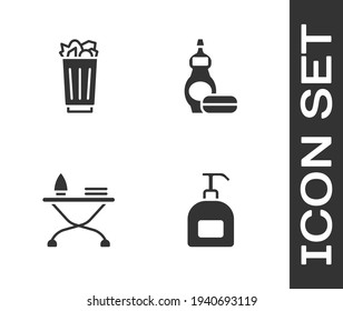 Set Bottle of liquid soap, Full trash can, Iron and ironing board and Dishwashing bottle icon. Vector
