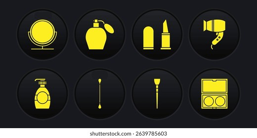 Set Bottle of liquid soap, Hair dryer, Cotton swab for ears, Makeup brush, Lipstick, Perfume, powder with mirror and Round makeup icon. Vector