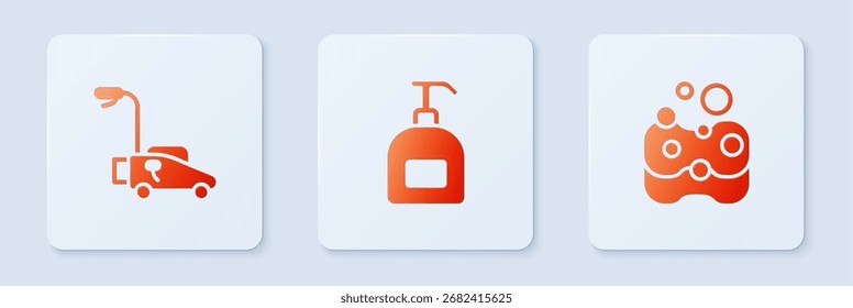 Set Bottle of liquid soap, Lawn mower and Sponge. White square button. Vector