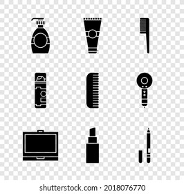 Envase Frasco de jabón líquido, Tubo cosmético Lotion, Arroz de pelo, Polvo de maquillaje con espejo, Palo de labio, Eyeliner, ceja, espuma de gel de oso e icono. Vector