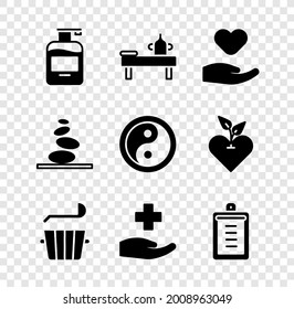 Set Bottle of liquid soap, Massage table with oil, Heart in hand, Sauna bucket ladle, Cross hospital medical, Clipboard checklist, Stack hot stones and Yin Yang icon. Vector