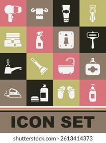 Set Bottle of liquid soap, Perfume, Shaving razor, Tube toothpaste, Cleaning spray bottle, Towel stack, Hair dryer and Female toilet icon. Vector