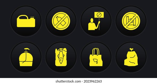 Set Bottle of liquid soap, Say no to plastic bags poster, Stop ocean pollution, Shopping with recycle, Nature saving protest, No bottle, Garbage and Canister for machine oil icon. Vector