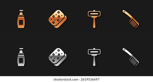 Set Bottle of liquid soap, Sponge, Shaving razor and Hairbrush icon. Vector