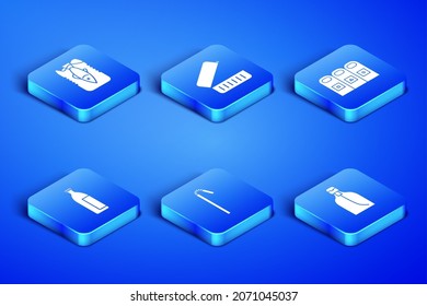 Set Bottle of liquid soap, Stop ocean plastic pollution, Drinking straw, Lotion cosmetic tube, Lunch box and Trash garbage cans sorted icon. Vector