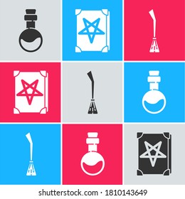 Set Bottle with love potion, Ancient magic book and Witches broom icon. Vector