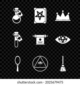 Set Bottle with love potion, Ancient magic book, Crown, Magic hand mirror, Masons, Witches broom,  and scroll icon. Vector