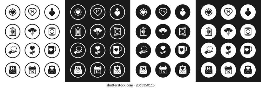 Set Bottle with love potion, Balloons in form of heart, Heart the bird cage, center darts target aim, Condom package, Coffee cup and and hand icon. Vector