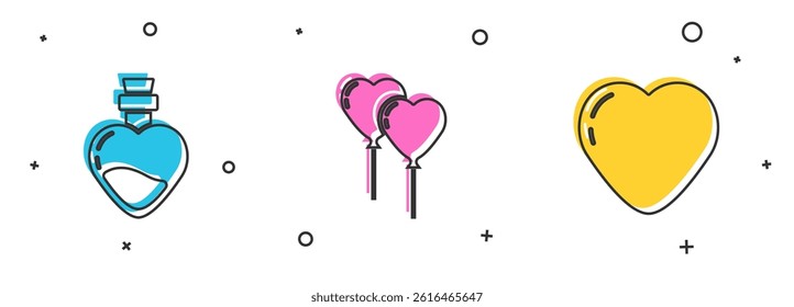 Set Bottle with love potion, Balloons in form of heart and Heart icon. Vector