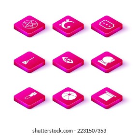 Set Bottle with love potion, Beach ball, Witches broom, Pentagram, Magician hat, Ticket and Moon and stars icon. Vector