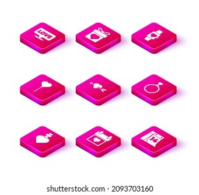 Set Bottle with love potion, Calendar heart, Balloons in form of, Amour and arrow, February 14, Wedding rings, Heart the center wrist watch and Gift box icon. Vector