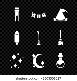 Set Bottle with love potion, Carnival garland flags, Witch hat, Sparkle stars magical glitter, Moon, Magic stone and Witches broom icon. Vector