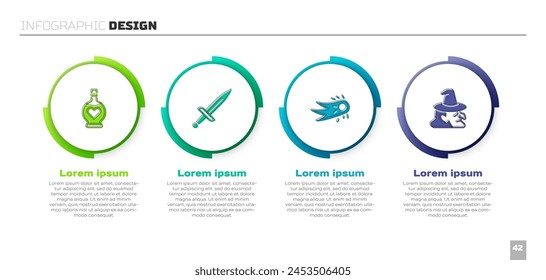 Set Bottle with love potion, Dagger, Fireball and Witch. Business infographic template. Vector